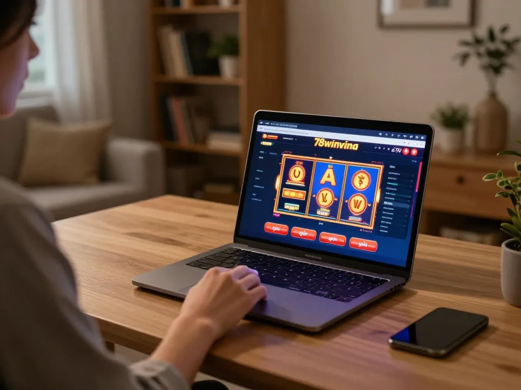 Engaging player at 78winvina online casino, about to spin on the laptop with vibrant visuals.