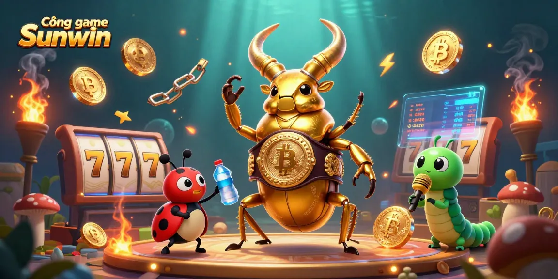 Cổng game Sunwin features a golden stag beetle boxing champion and cartoon characters in an immersive slot game environment.