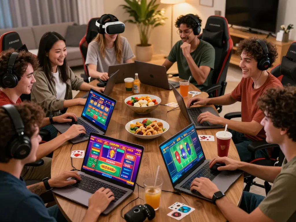 Friends gaming together on laptops at https://open88.supply/, enjoying interactive online casino games in a lively setting.