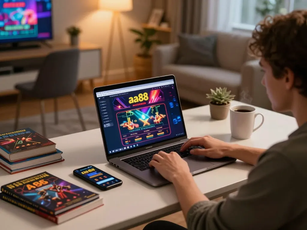 Player engaging with the aa88 online casino on a laptop in a cozy home setting.