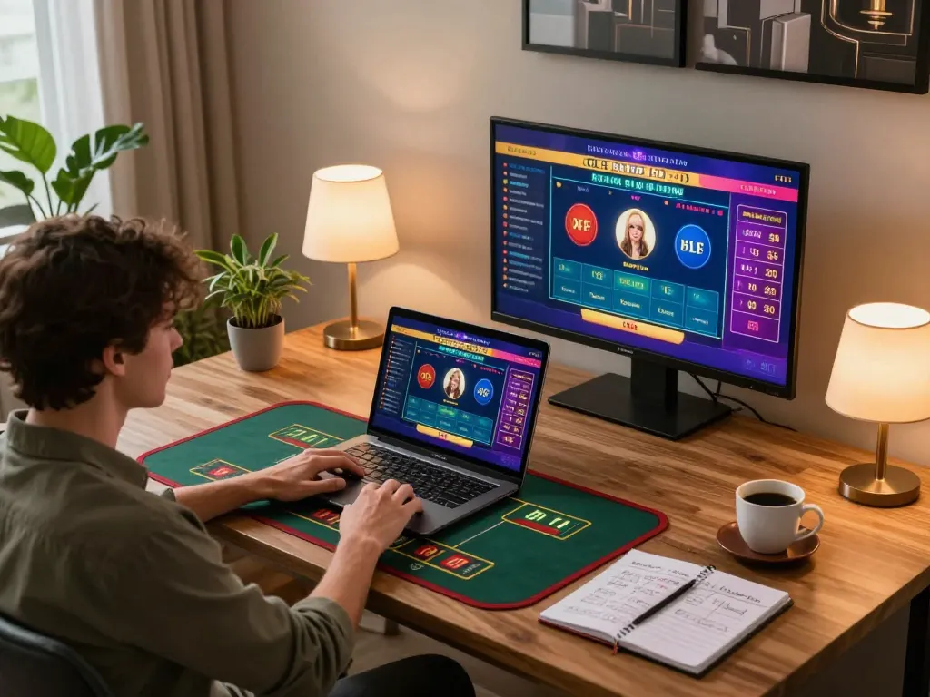 TG88 player engaging with live dealer games from a comfortable home setup, showcasing responsible gambling.