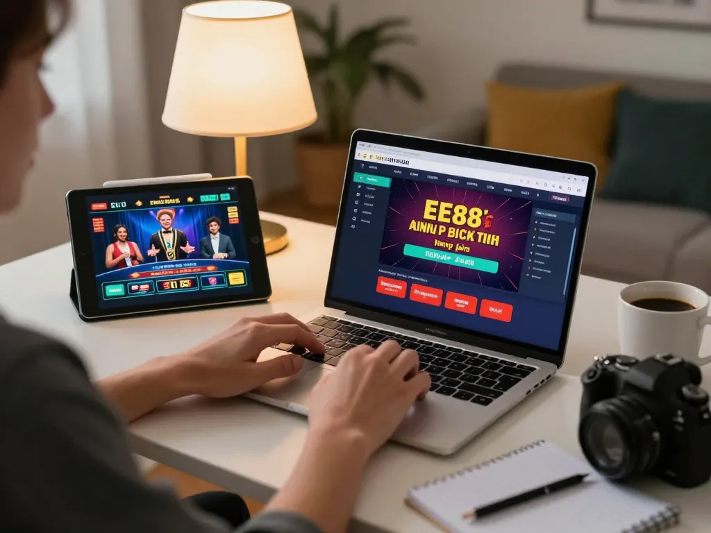 EE88 player engaging with online casino games on a laptop in a cozy home setting.