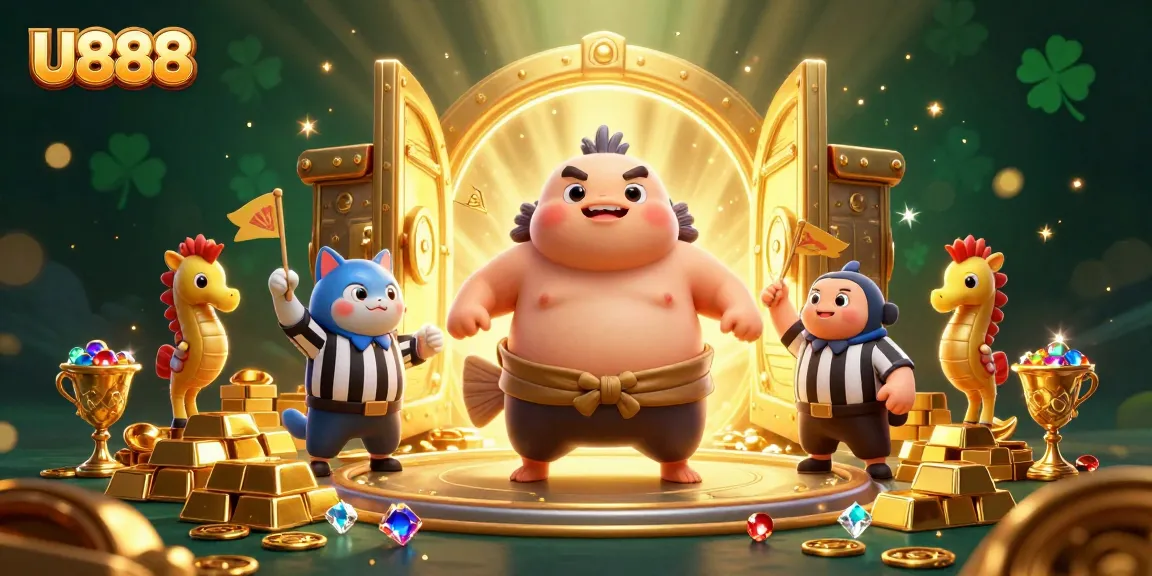 U888 showcasing an energetic scene with a unique underwater casino featuring fugu, a catfish referee, and treasure.