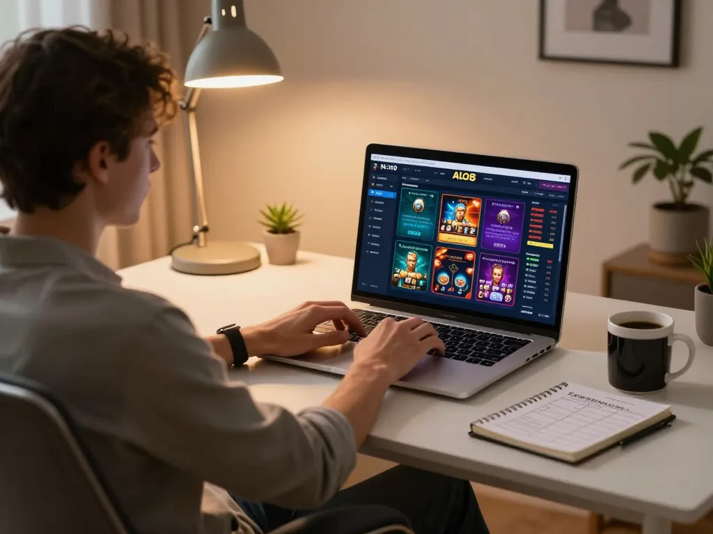 Person enjoying a gaming session on ALO8 online casino platform, showcasing betting strategies and atmosphere.