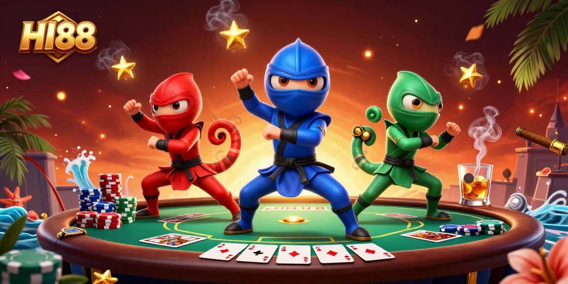 Experience the thrilling action of HI88 with cartoon chameleons in an intense poker battle.