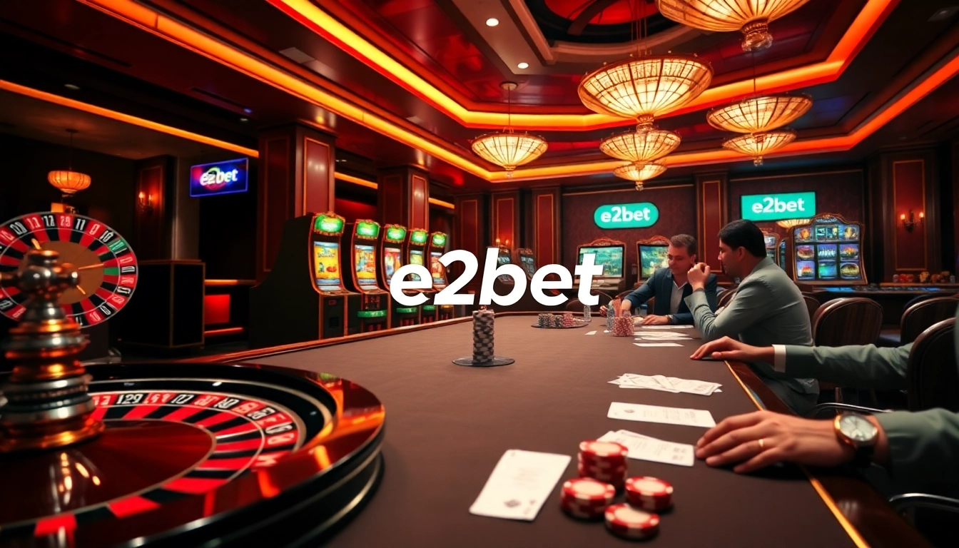 E2bet casino players enjoying a thrilling poker game with vibrant slot machines and a roulette wheel.