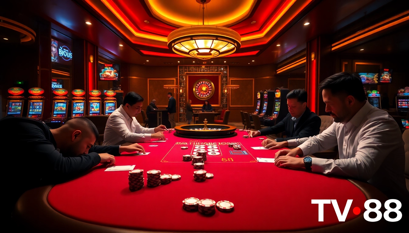 Exciting poker action at TV88 casino with vibrant lights and thrilling gameplay.