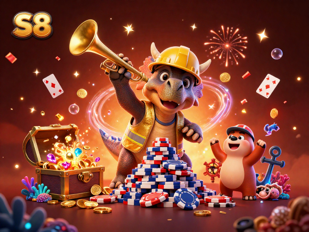 S8 engages viewers with vibrant gaming action featuring a cartoon triceratops building a pyramid of poker chips.