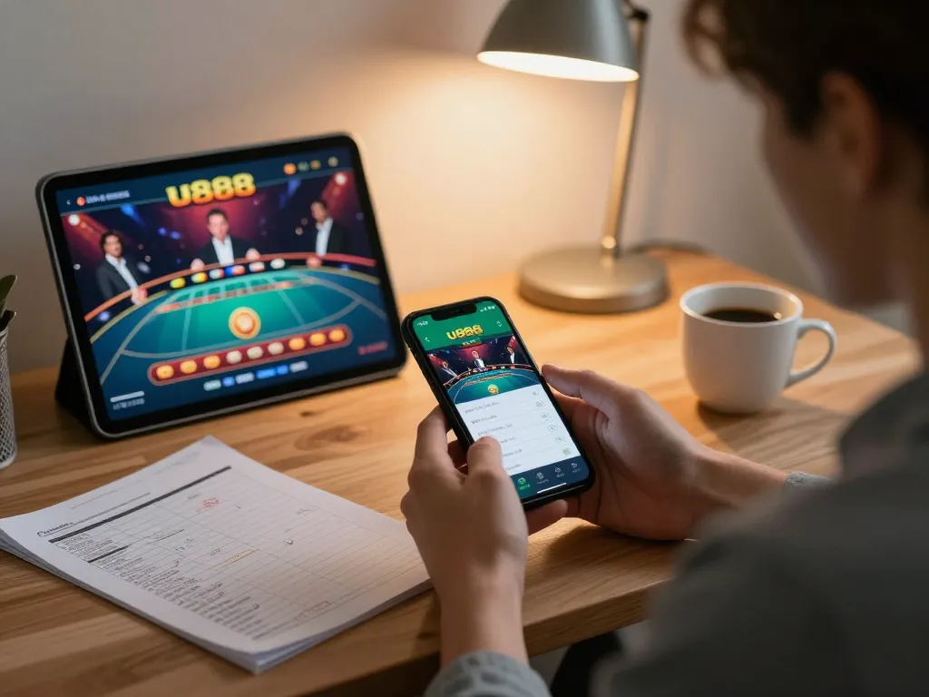 Engaged player exploring the u888 casino app on smartphone during a relaxed evening.