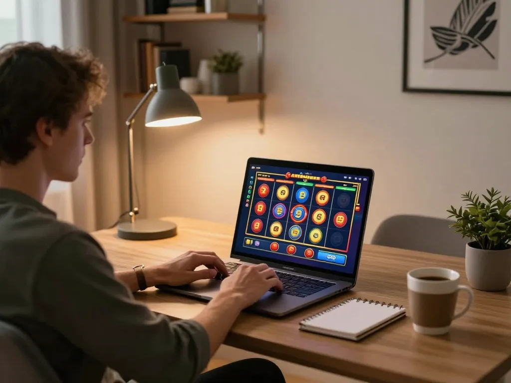 Engaging online gaming setup for va88, showcasing a player strategizing during a slot game.