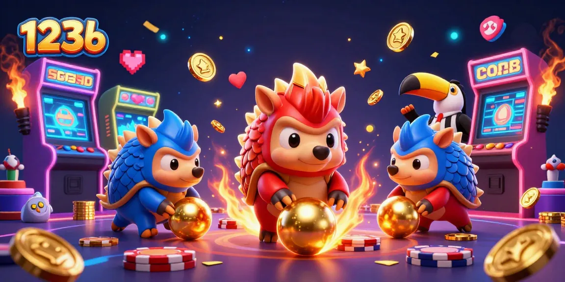 Engage in thrilling games at 123b with pangolins rolling through poker chips and vibrant arcade elements.