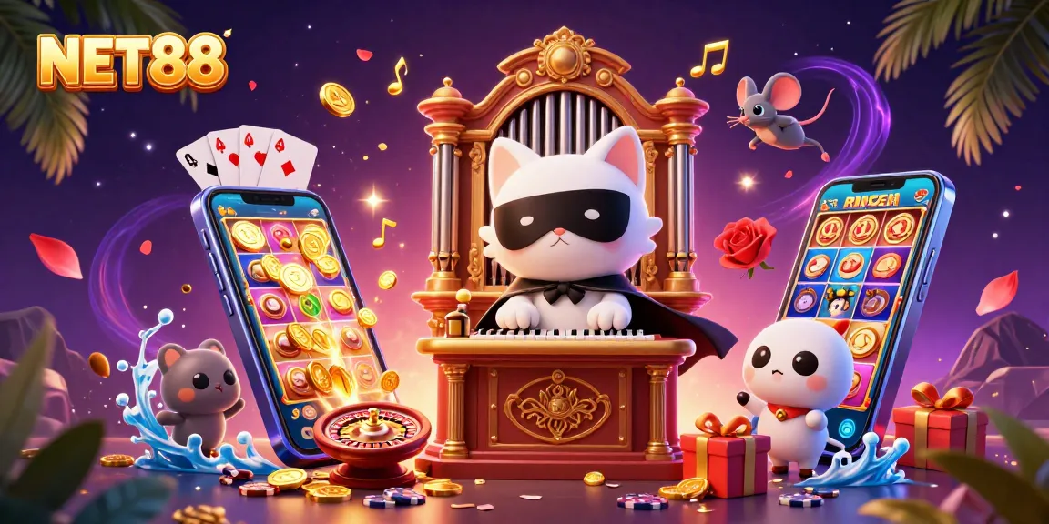 Engage with NET88 through a vibrant casino-themed 3D illustration featuring a magical scene.