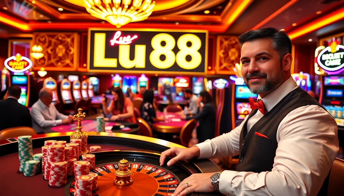 Players enjoying a thrilling game at Lu88 casino, featuring vibrant poker chips and roulette excitement.