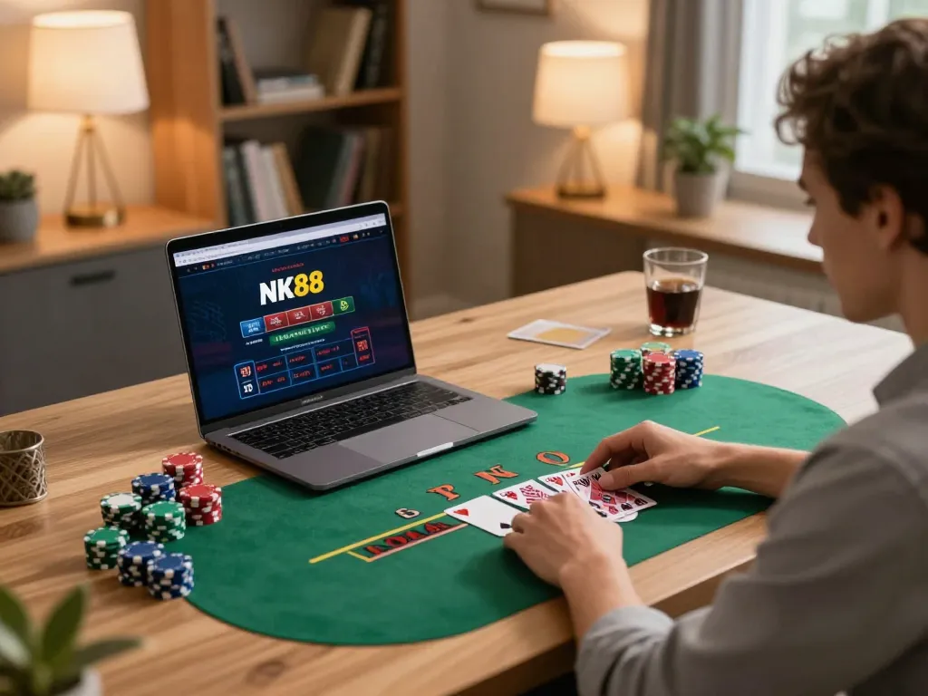 Engage in strategic online blackjack playing on NK88's platform in a cozy home office.