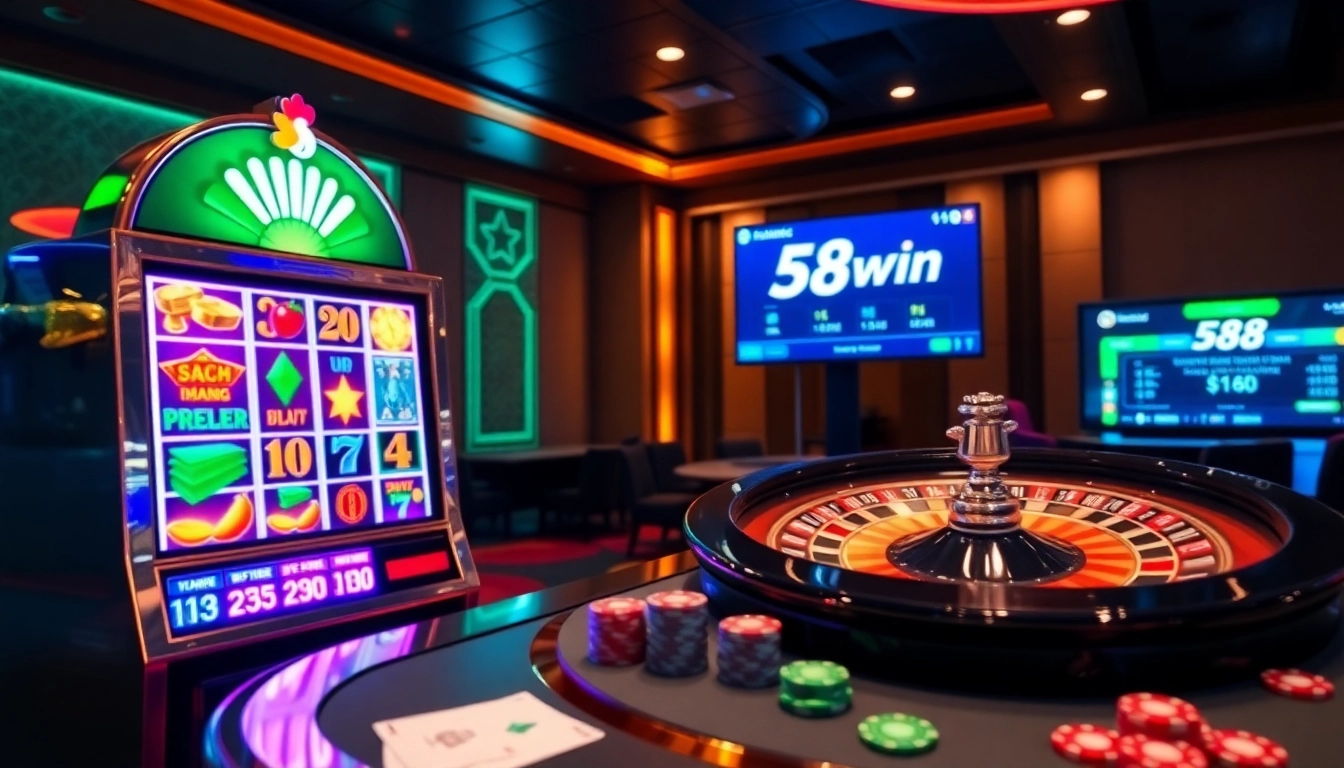 Experience the excitement of 58win with dynamic online gambling visuals featuring a vibrant slot machine.