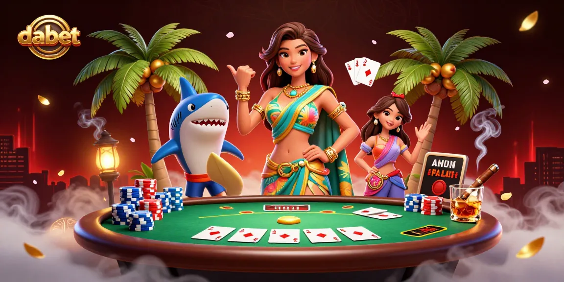 dabet showcases a vibrant casino scene with a glamorous woman and a surfer shark, enhancing gaming excitement.