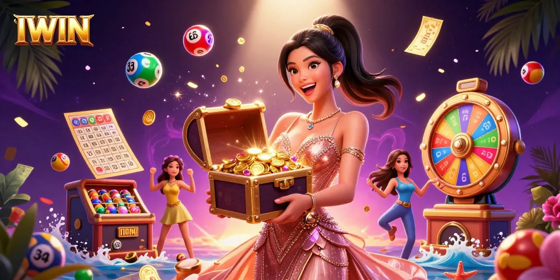 IWIN casino experience featuring joyful character with treasure chest and dynamic lottery elements.