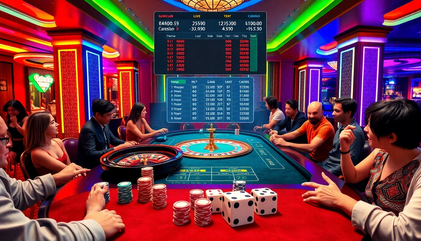 Experience thrilling gameplay at Sumclub's vibrant casino tables with poker chips and roulette wheels.