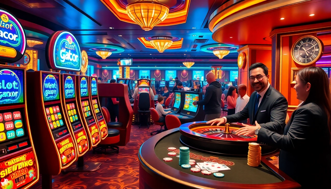Experience excitement at a vibrant casino with modern slot gacor machines lighting up the space, inviting players to win.