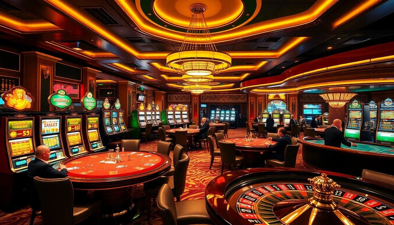 Players enjoying high-stakes poker at https://w188.today/ with vibrant slot machines in a luxury casino.