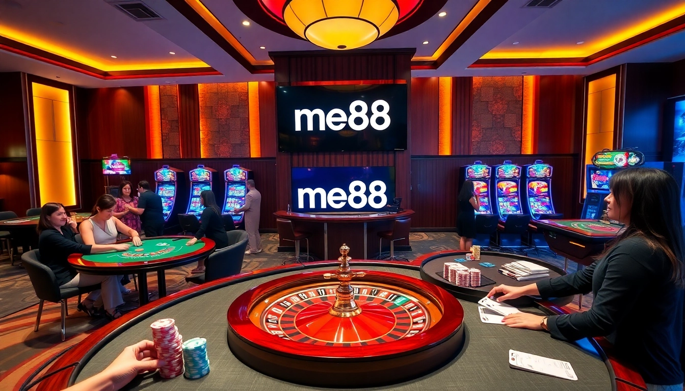 Experience the thrill of me88 with a luxurious casino vibe featuring tables, colorful chips, and a roulette wheel.