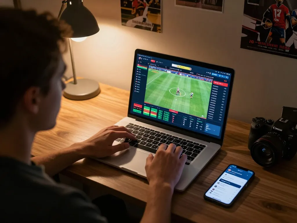 Engaged user placing a live bet on go8 sports betting platform with laptop interface displayed