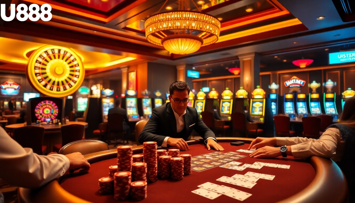 Party at U888 casino with players celebrating big wins at poker table and vibrant slots.