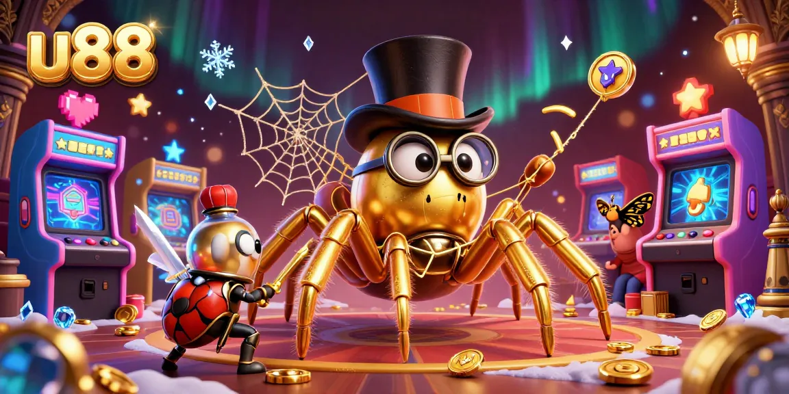 Experience the thrills of u88 with a dynamic casino illustration showcasing a golden tarantula and beetle knight.