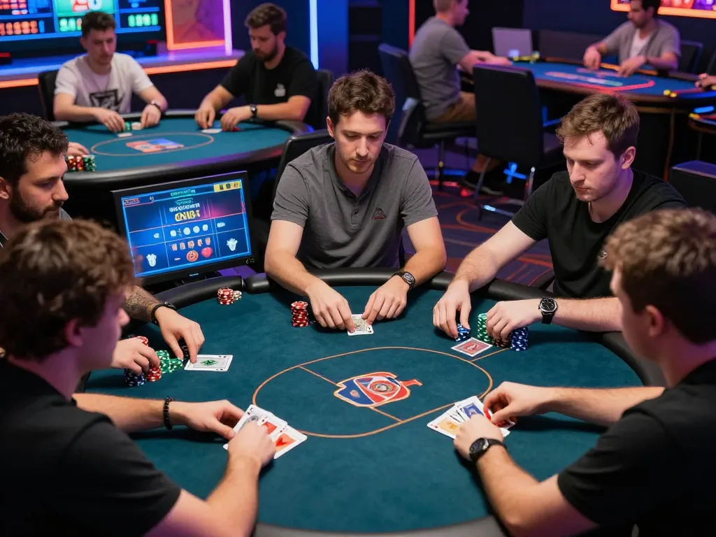 sunwin players strategizing during an intense online poker game with colorful digital tables