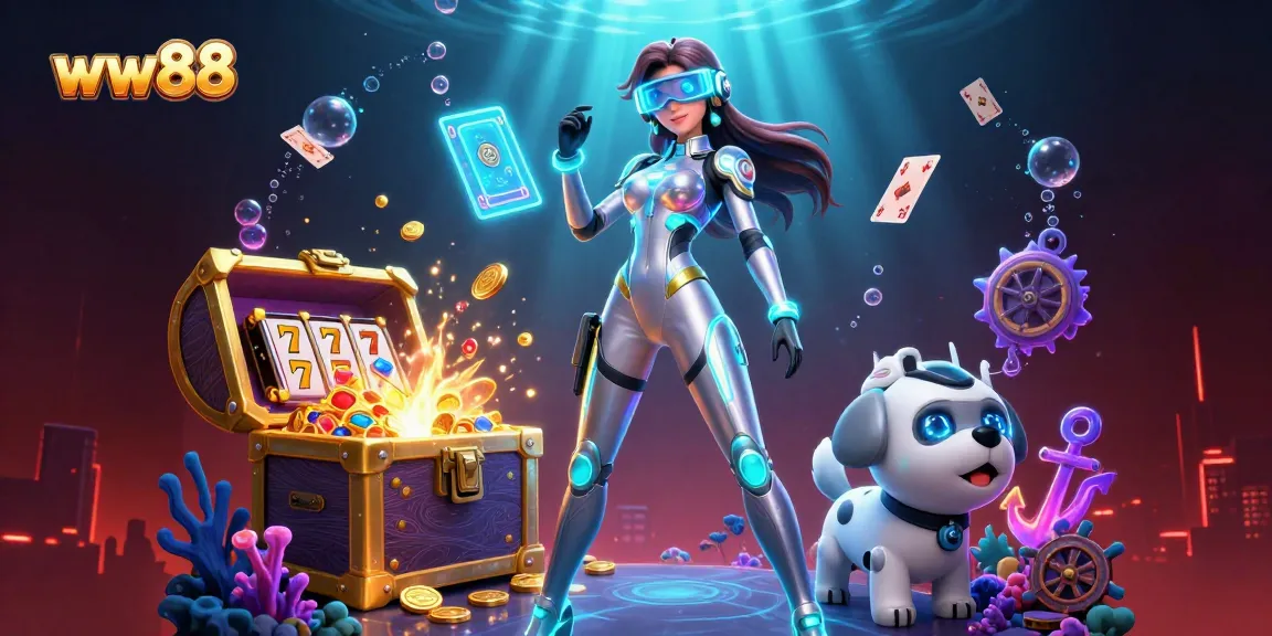 Engage with the thrilling world of ww88 featuring a futuristic woman, a robot dog, and vibrant casino elements.