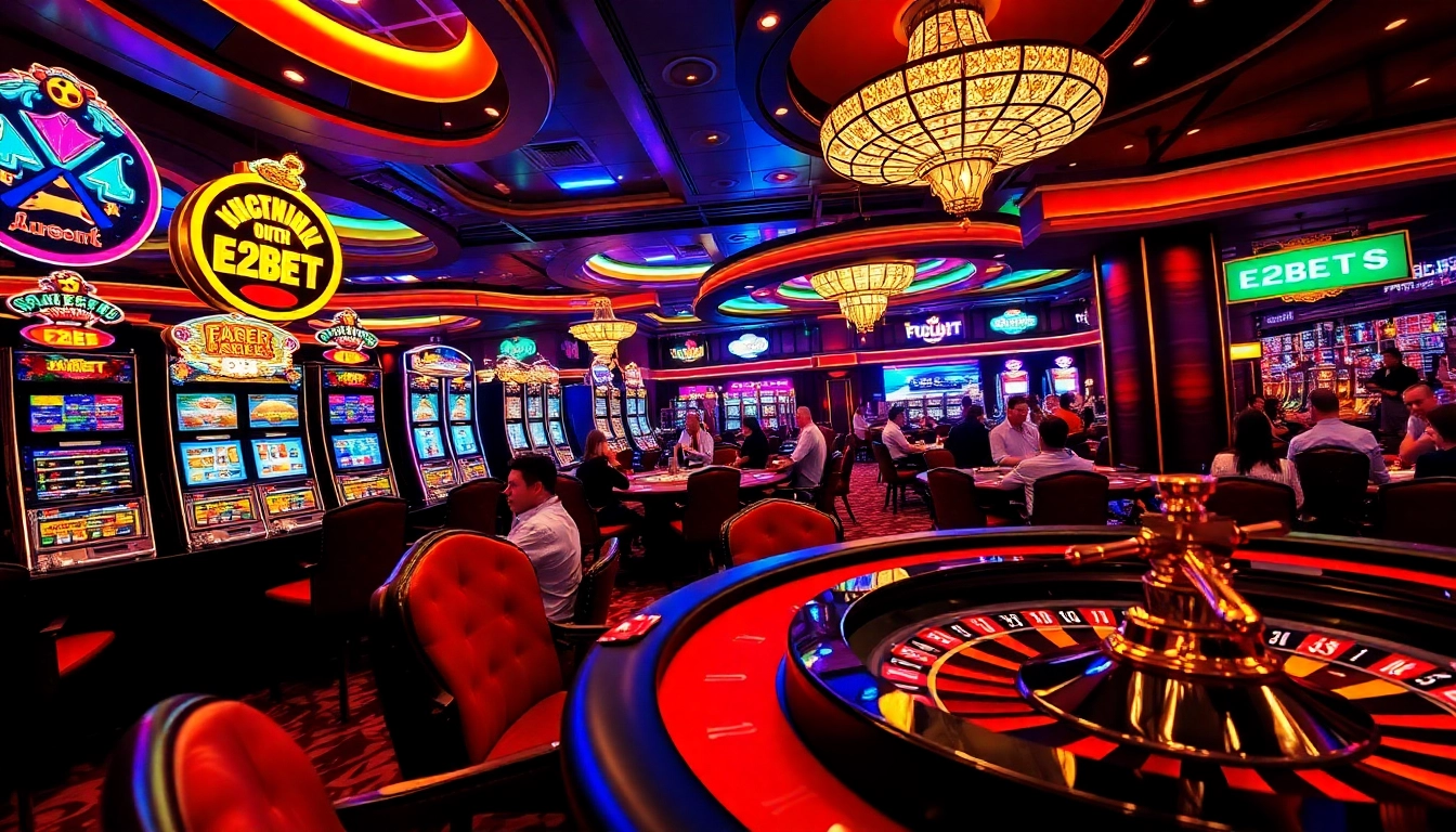 Experience the thrill of E2BET with vibrant casino scenes featuring engaging slot machines and excited players.