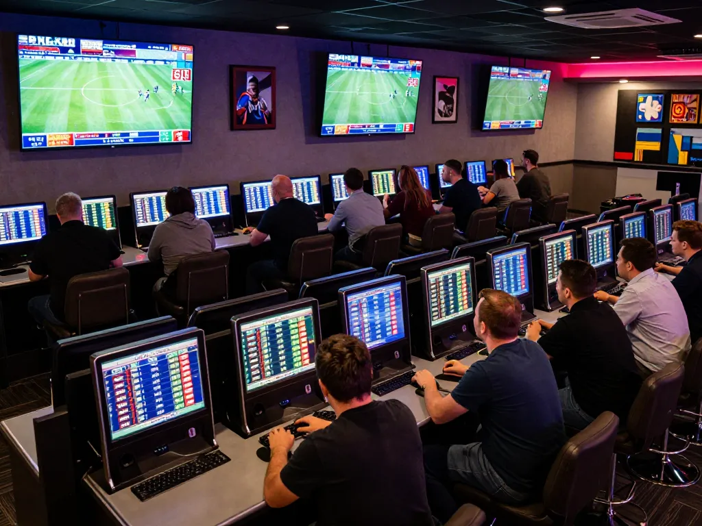 Engaged bettors analyzing kèo nhà cái in a dynamic sports betting lounge, focused on live match odds.