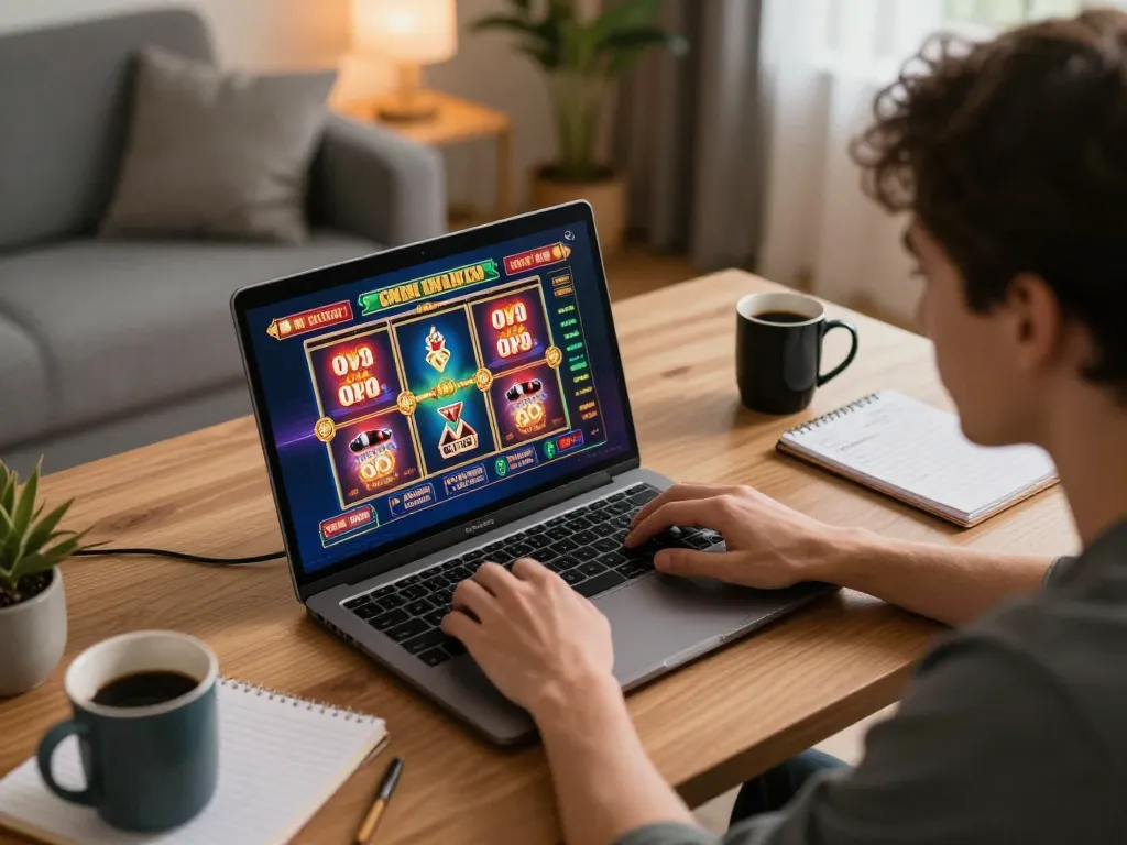 bong88 player enjoying online slots in warm home office, showcasing responsible gambling practice