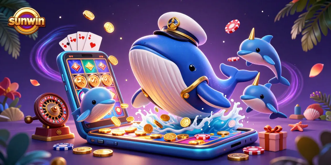 Experience thrilling gameplay with sunwin as a vibrant 3D whale breaches through coins, showcasing exciting casino action.
