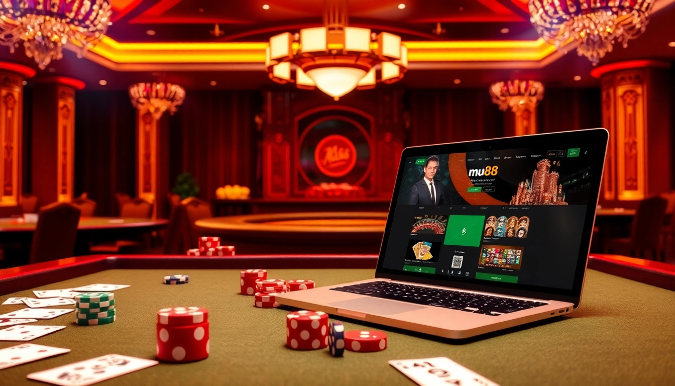 Exciting mu88 online casino scene with vibrant tables and elegant gaming elements.