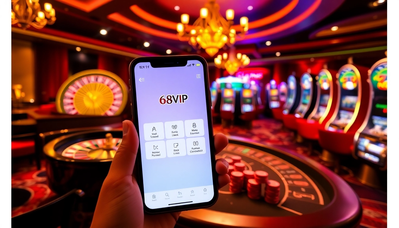 Tải App Nhà Cái 68VIP with casino gaming elements in a vibrant atmosphere featuring roulette and poker tables.