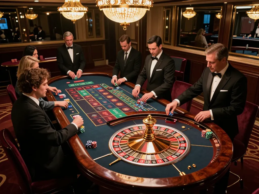 Players enjoying a thrilling roulette game at hm88 com vn casino floor, vibrant colors and exciting atmosphere