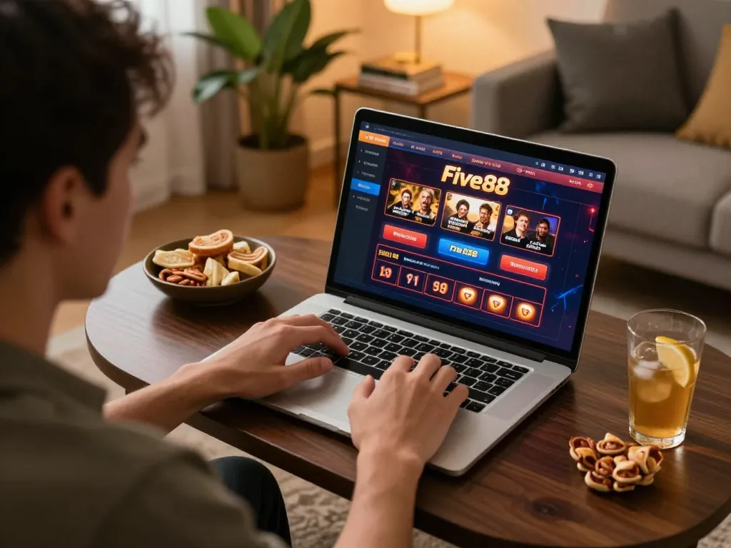 Engaging gameplay at home with Five88 casino on laptop, showcasing strategic online gambling.