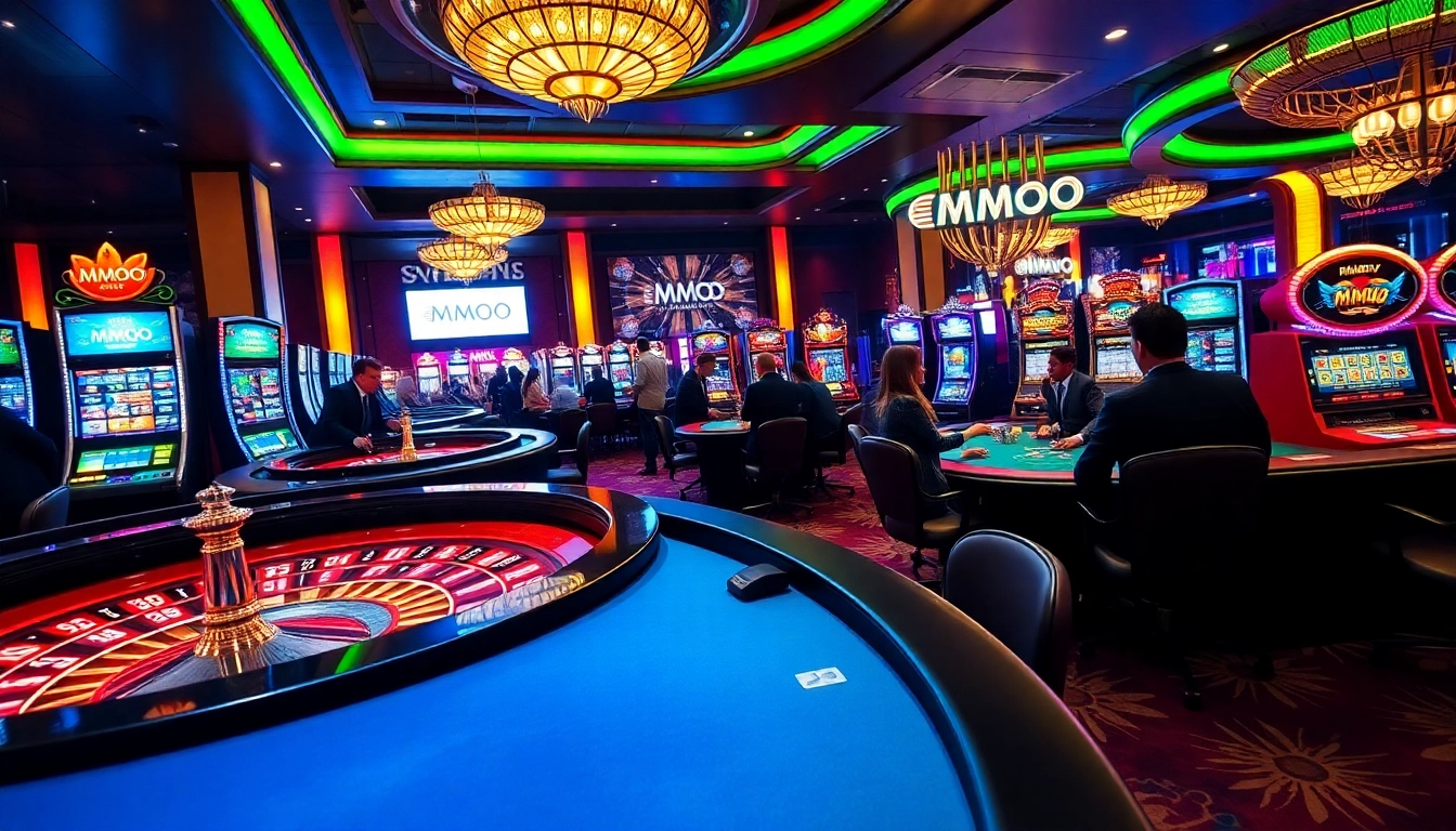 Exciting casino atmosphere at MMOO with players at blackjack and roulette tables.