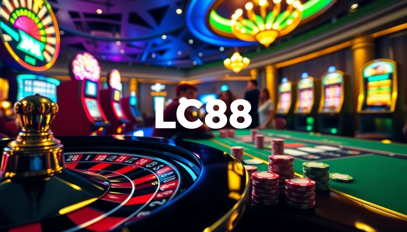 Gamble with excitement at LC88, featuring a vibrant casino scene with poker chips, cards, and slot machines.