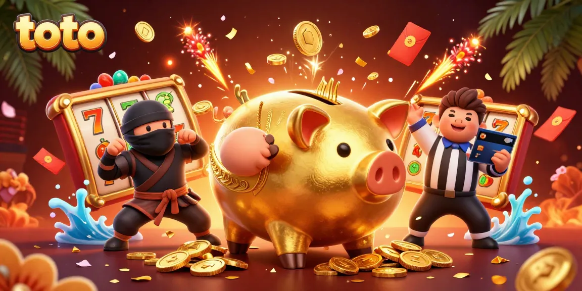 Engage with toto in a vibrant casino scene featuring a golden piggy bank sumo wrestler amid spinning slot reels and dynamic coins.