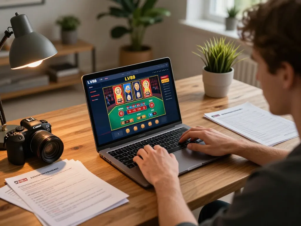 Player engaged in strategic gaming on LV88 platform at home with poker interface visible