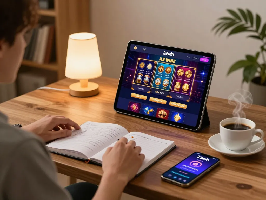 Player enjoying the 23win casino platform on a tablet, immersed in online gaming strategy.