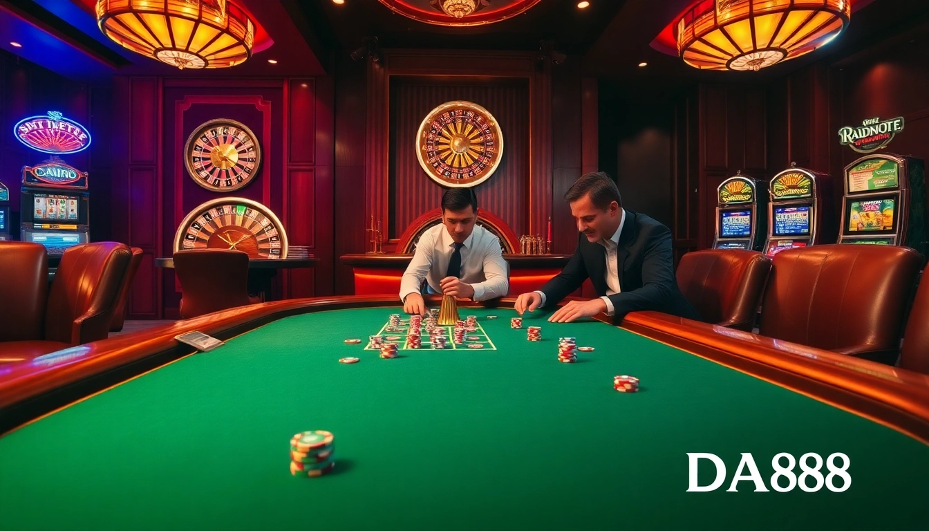 Players enjoying high-stakes poker at an elegant casino with DA88 branding visible.