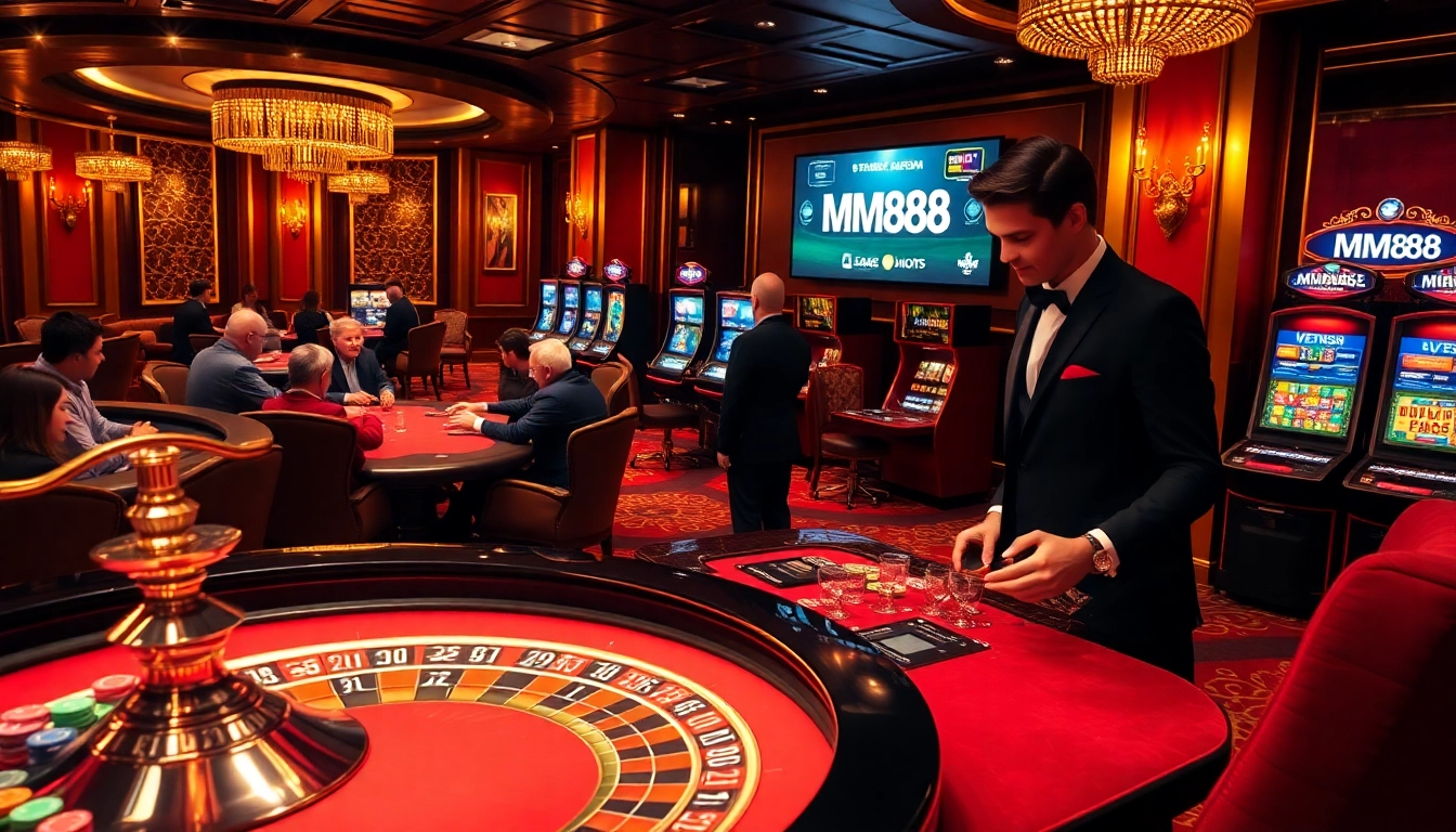 Experience the vibrant casino atmosphere at MM88 with roulette, poker tables, and luxury decor.