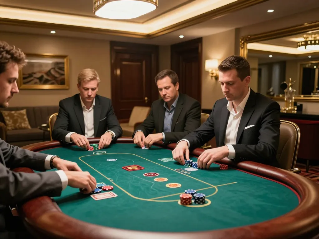 TG88 players engaging in a high-stakes game at an elegant poker table, showcasing strategic gameplay.