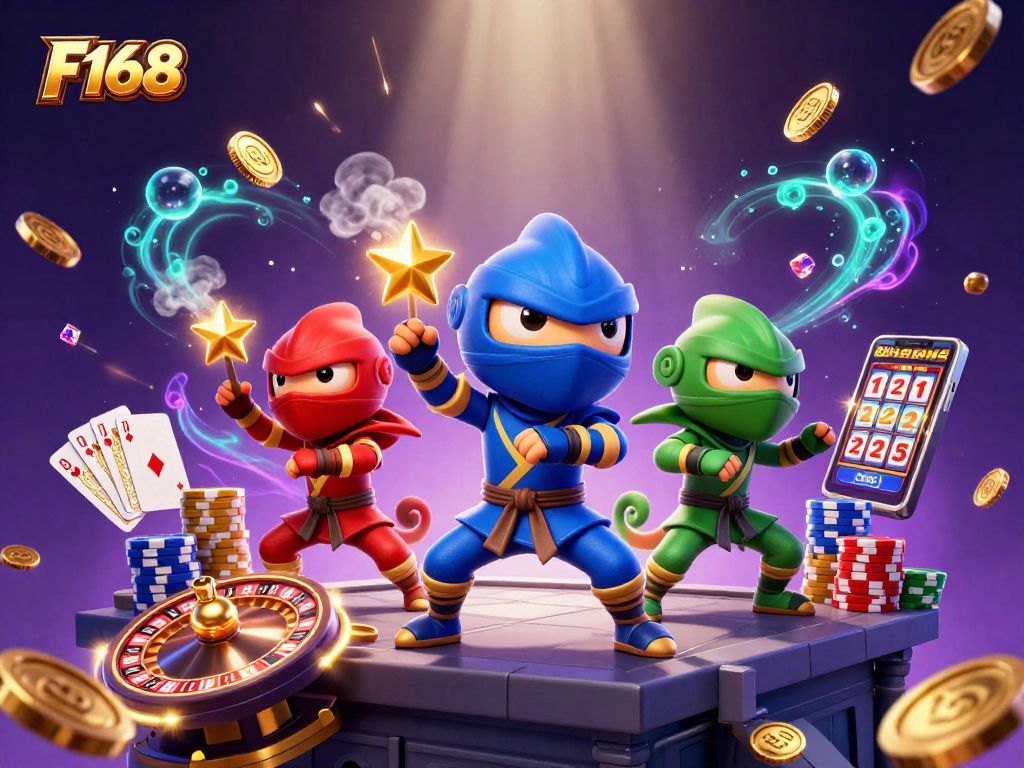Experience thrilling action with F168's ninja chameleon team amid vibrant casino elements.