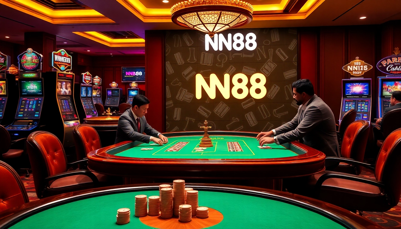 Engaged gamblers at a luxurious NN88 casino table, showcasing high-stakes poker action.