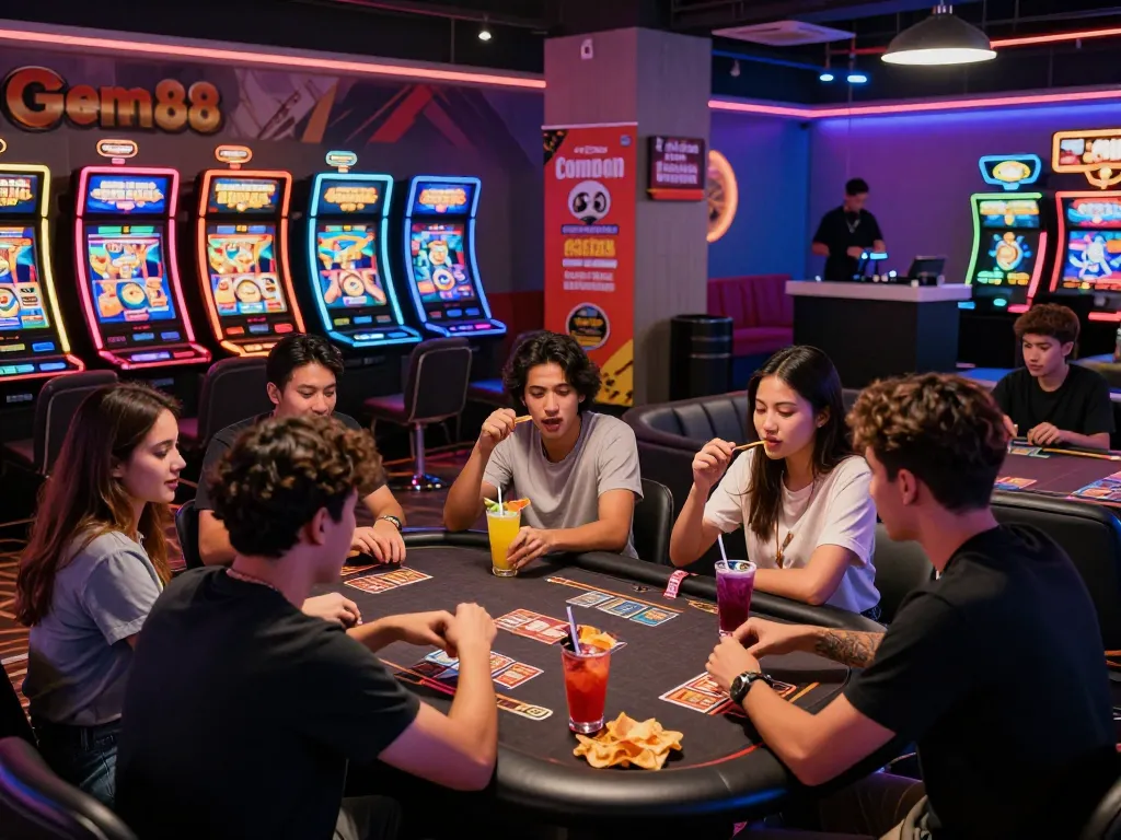 Friends enjoying card games and cocktails at Gem88 casino, showcasing excitement and vibrant atmosphere.