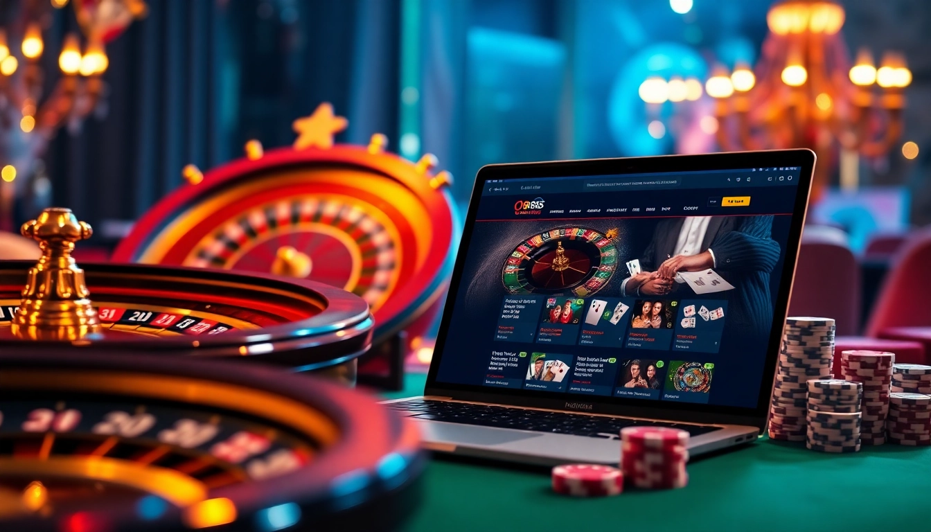 A vibrant online casino scene featuring the ok9.gb.net interface alongside poker chips and a roulette wheel, showcasing excitement.